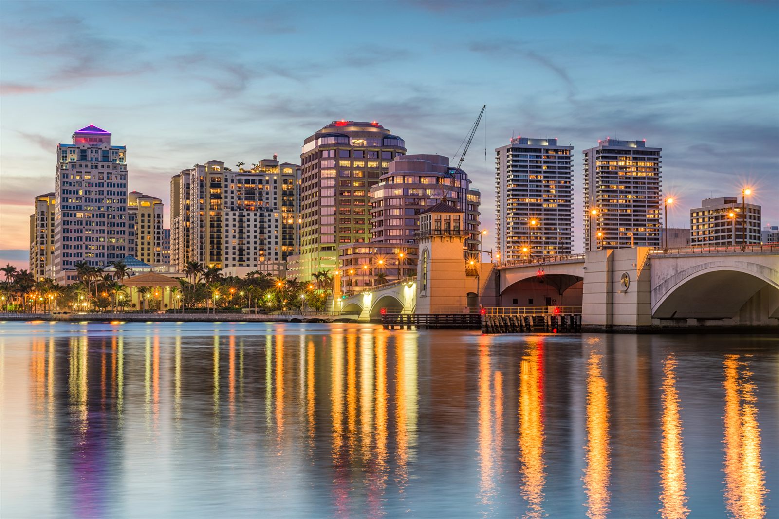 West Palm Beach waterfront at dusk